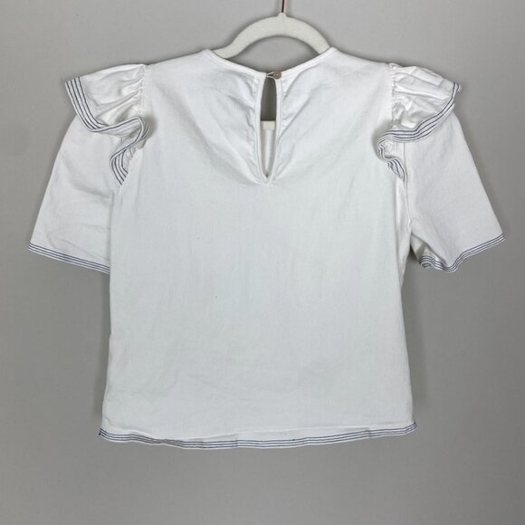 Saylor Harriette Denim Ruffle Top Shirt Short Sleeves Womens Medium White - Picture 6 of 8